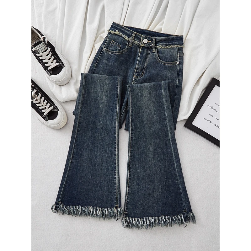 卓艺天资微喇牛仔裤女装2025新款复古蓝高腰显瘦毛边高个子喇叭裤