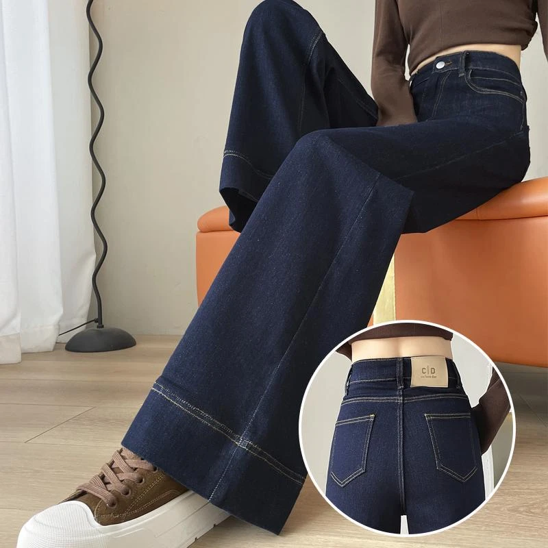 单宁蓝阔腿牛仔裤女冬加绒2025新款爆款宽松修身显瘦小个子直筒裤
