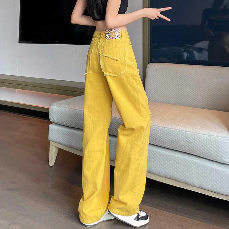 卓艺天资黄色破洞直筒牛仔裤女夏季薄款新款设计感宽松显瘦阔腿裤