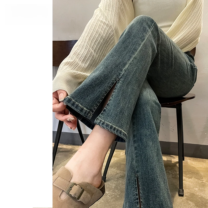 水泥灰开叉牛仔高腰显瘦春秋新款微喇裤女士新款裤子网红牛仔裤子