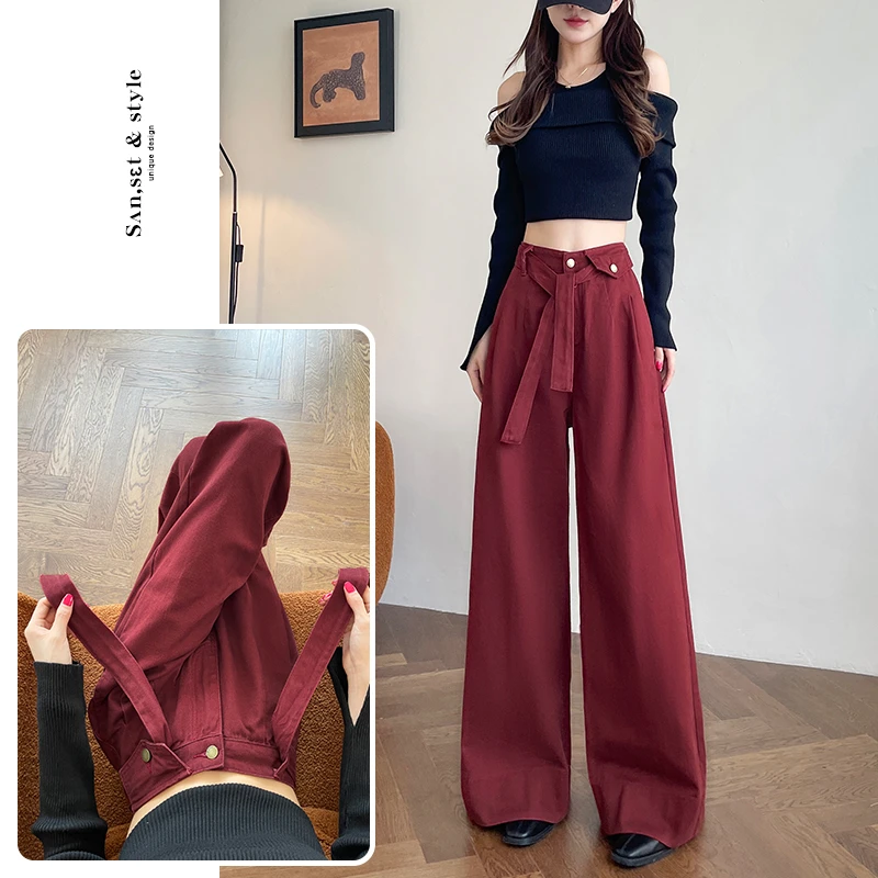 设计感枫叶红美式阔腿牛仔裤秋装2025新款高腰宽松垂感直筒拖地裤