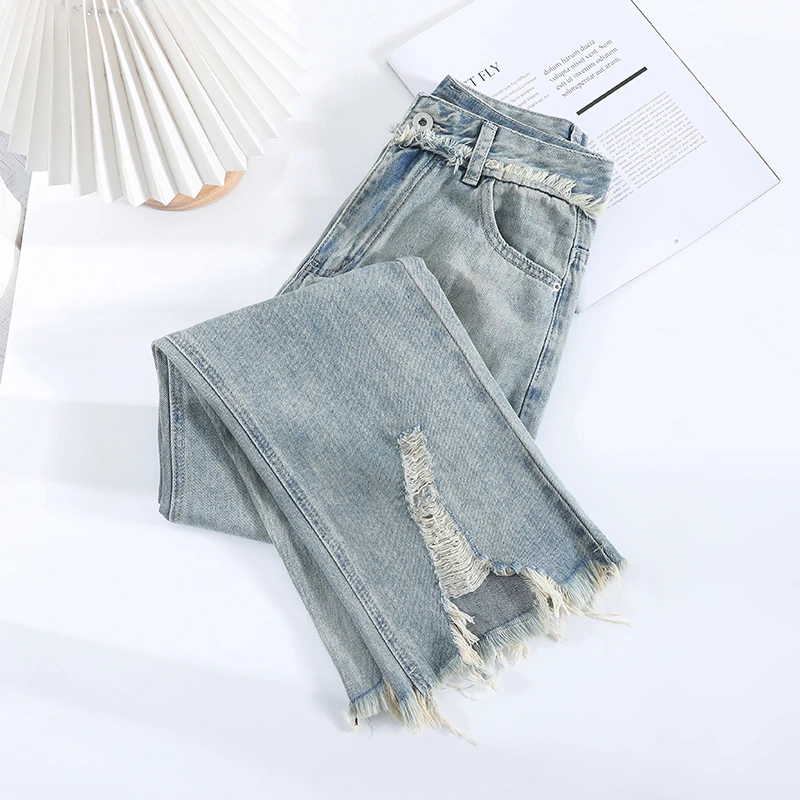 时尚百搭直筒时髦牛仔裤女2025新款高腰显瘦复古破洞牛仔裤女款