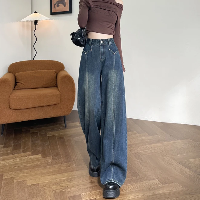 复古蓝阔腿加绒加厚牛仔裤女秋冬季宽松保暖垂感高腰直筒休闲裤in