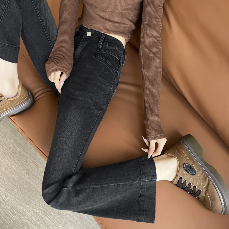 黑灰色微喇牛仔裤女2025年春秋季新款高腰弹力小个子九分喇叭裤