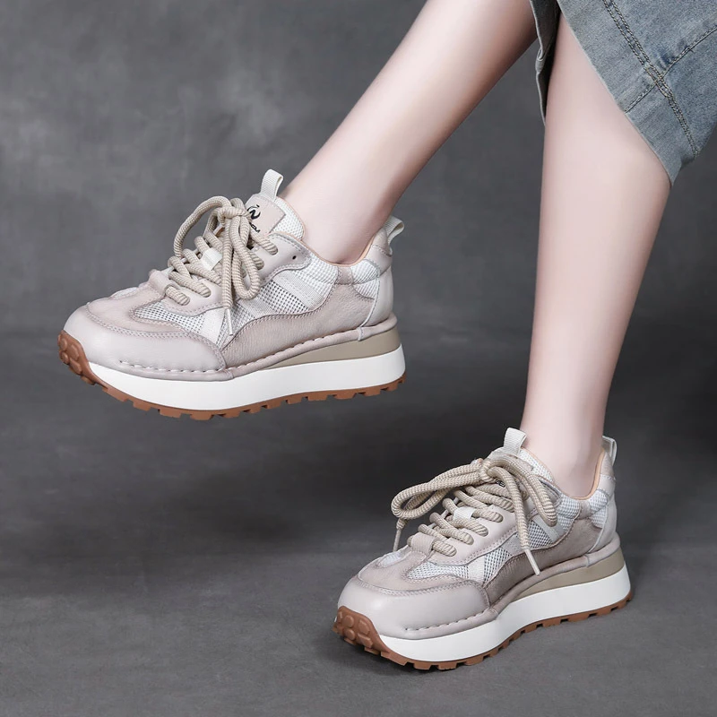 2024夏季头层牛皮休闲运动系带防滑女鞋厚底透气网面单鞋软底百搭
