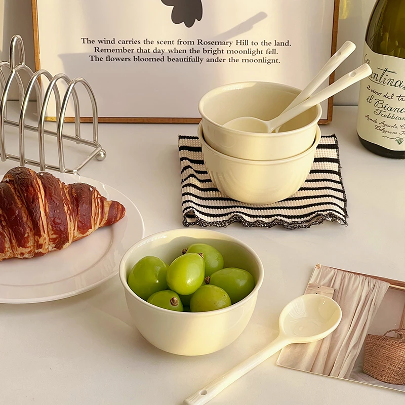 【4件套2碗勺】奶油风陶瓷碗家用卡通菜盘子可爱米饭碗汤碗釉下彩