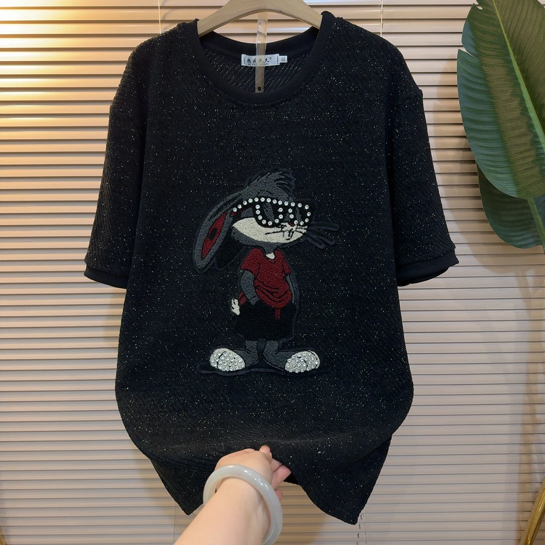 （韩衣）极简风轻奢中长款休闲设计师T恤宽松潮流镶钻猫咪百搭圆领