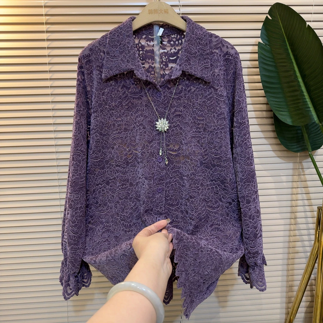 2461小香风翻领蕾丝中长款长袖宽松洋气显瘦上衣