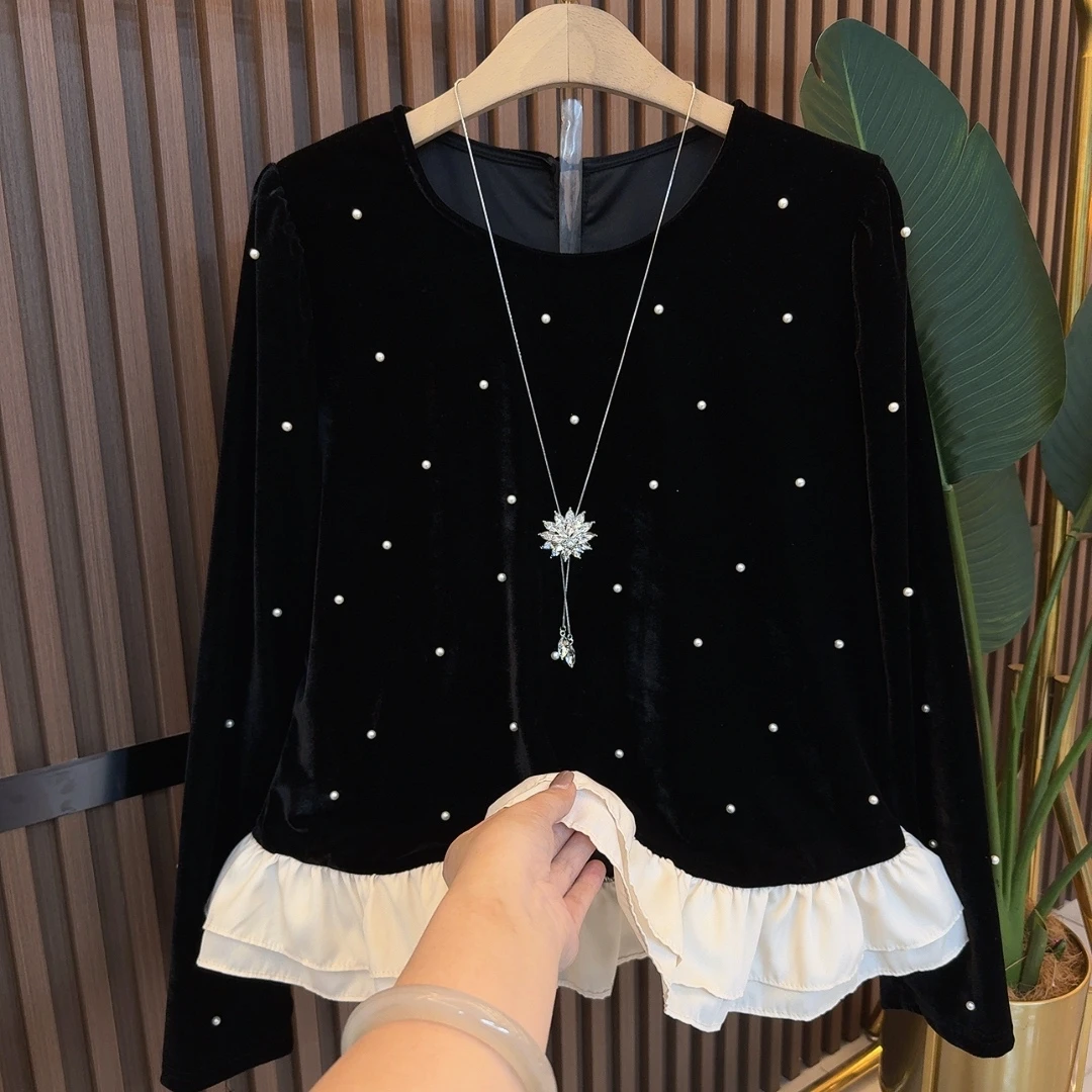 HHJ/小香风洋气圆领新款丝绒重工钉珠高级感百搭上衣