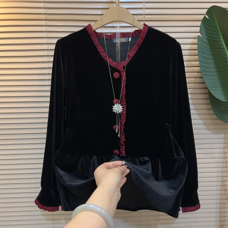 复古丝绒花边大码冬季长袖宽松洋气显瘦上衣