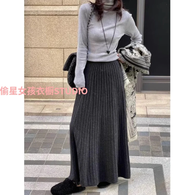 深灰色极简百搭坑条针织半身裙女秋冬高腰显瘦A字裙垂感百褶伞裙