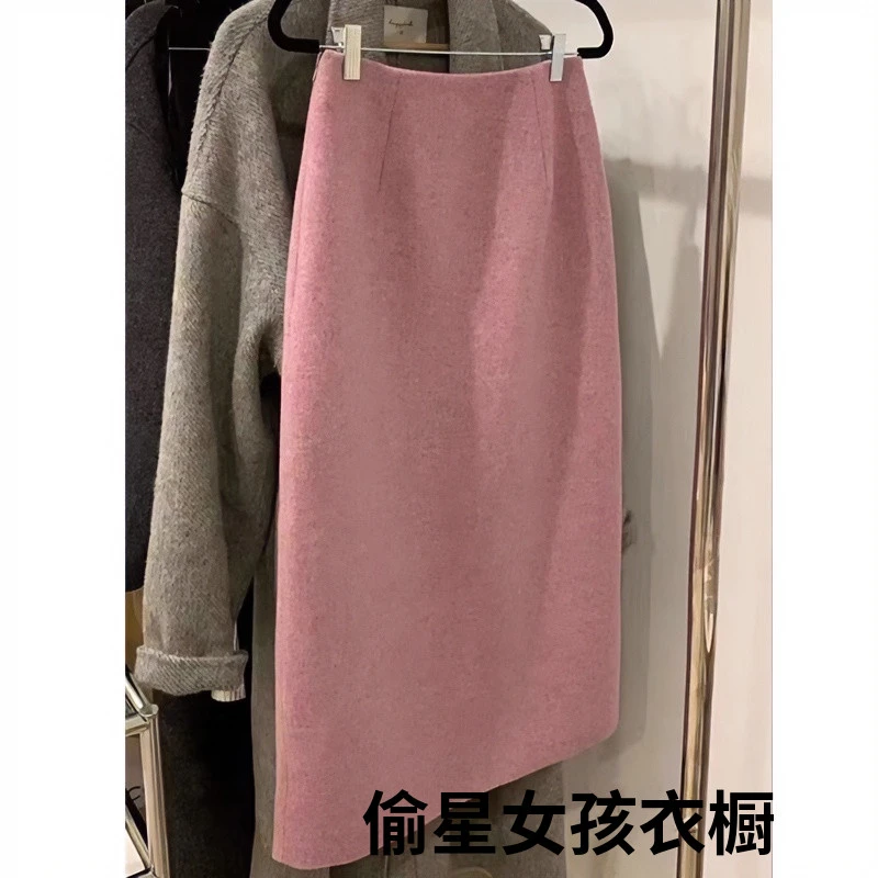 粉色毛呢半身裙女秋冬小个子开叉a字直筒冬裙一步长裙冬天配毛衣