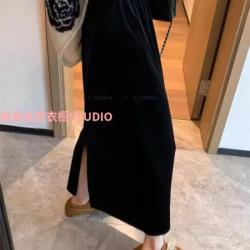 复古黑色松紧腰丝绒半身裙女秋冬中长款开叉直筒裙高腰加绒一步裙