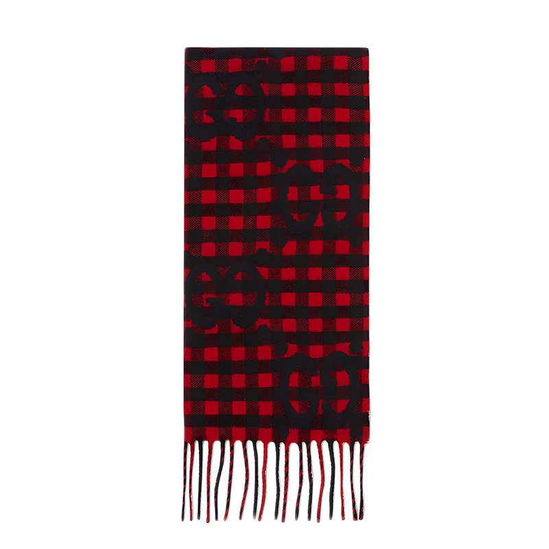 【双十二好礼】GUCCI/古驰男女通用红蓝格纹羊毛双G细节流苏围巾