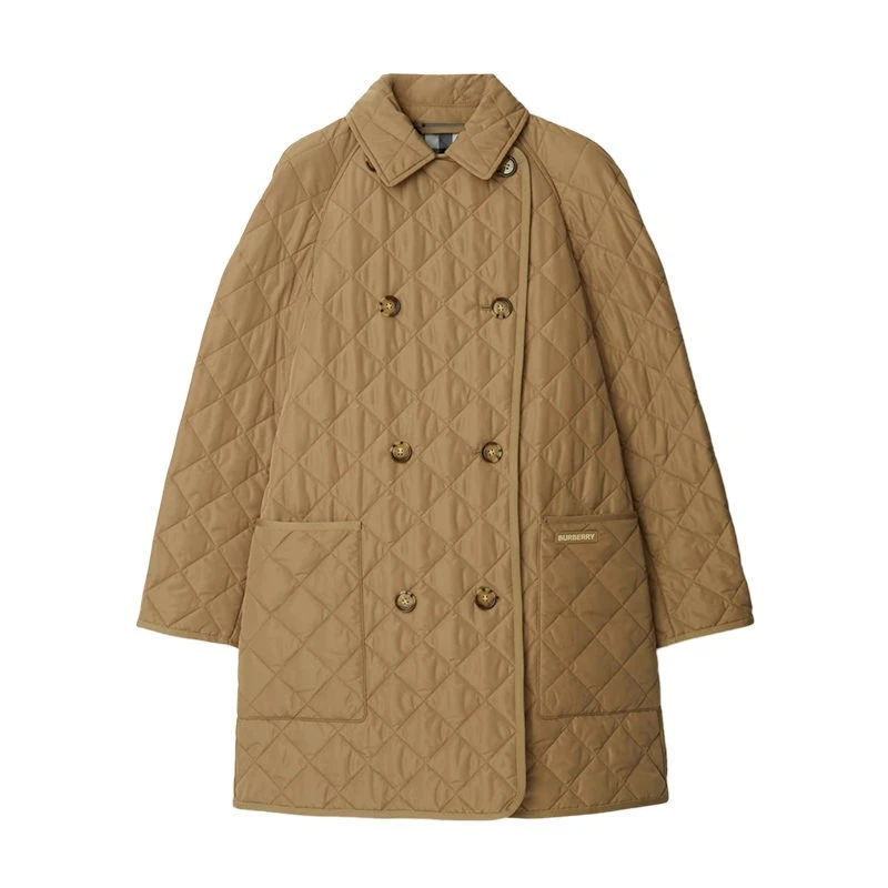 【七夕好礼】BURBERRY博柏利 女士黑/棕色聚酯制翻领双排扣棉服