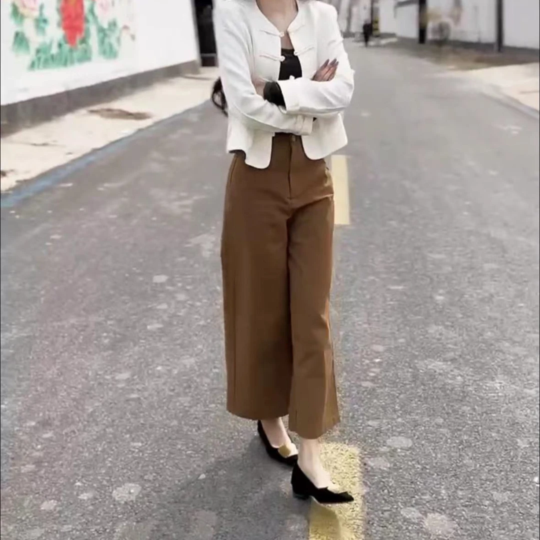 2025网红春夏新中式短款时尚对襟盘扣白色外套裤子洋气休闲减龄