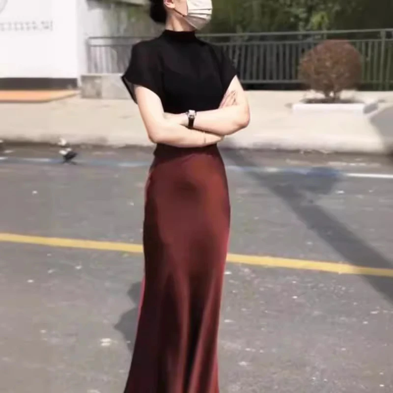 2025韩版夏季新款轻奢短袖纯色打底包臀半身裙修身显瘦气质女时尚