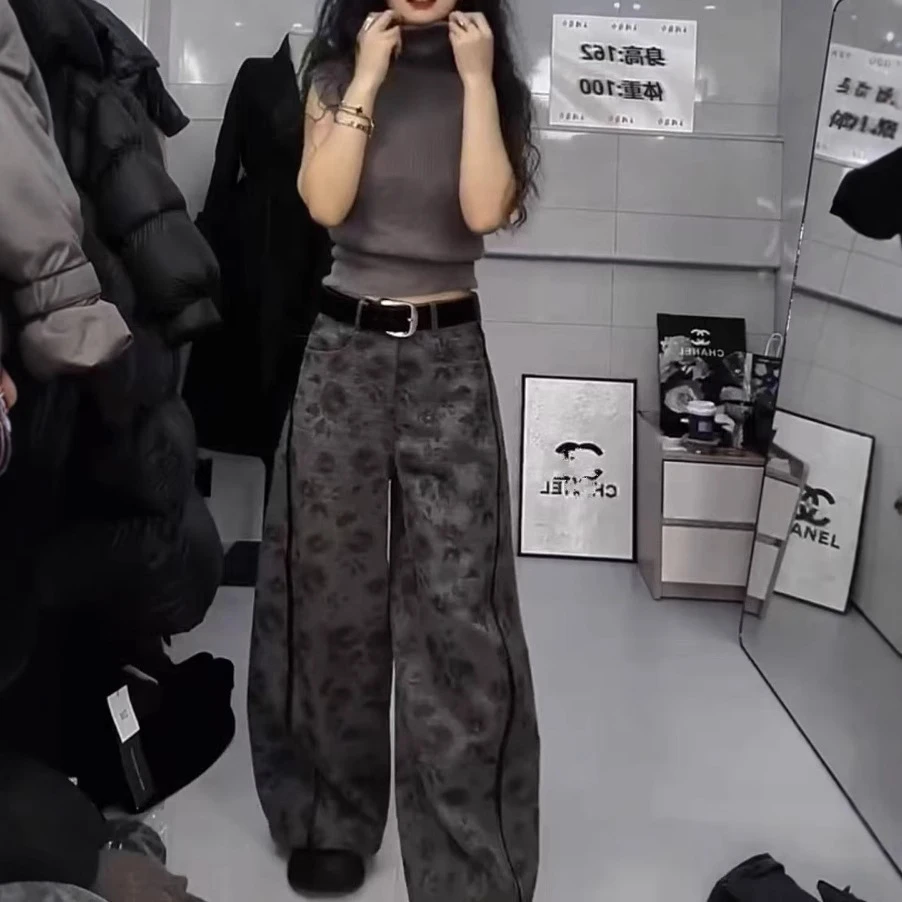 2025秋冬新款时尚针织修身打底上衣复古印花休闲显瘦阔腿裤洋气潮