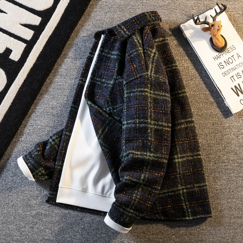 冬季迷彩小香风外套男士韩版潮流毛呢保暖复古小香风男士夹克外套