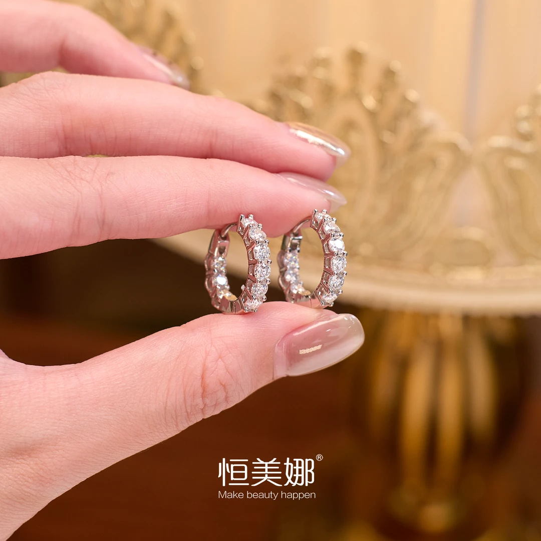 恒美娜 925银莫桑石耳饰 七公主耳圈镶嵌耳环简约轻奢百搭韩版ins