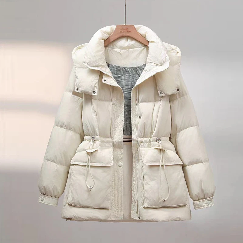 连帽抽绳石墨烯中长羽绒服外套女冬