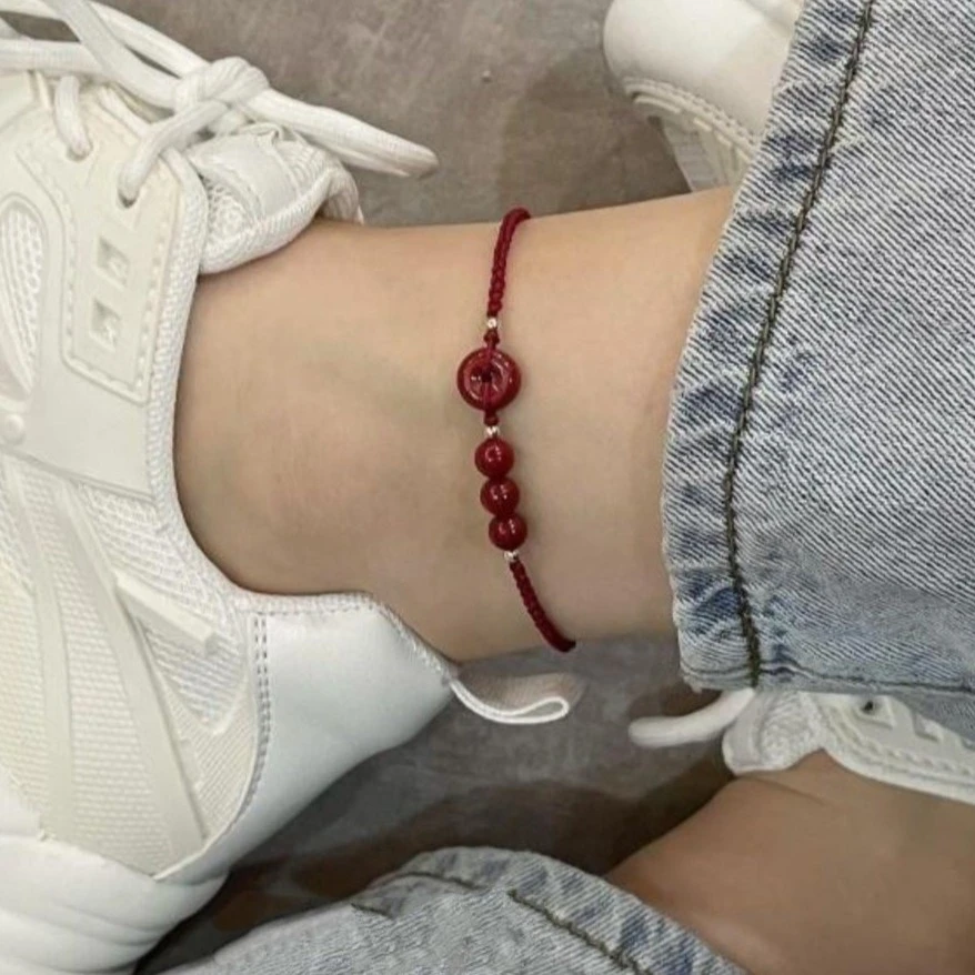 铜陶瓷脚链 平安顺遂小众红色平安扣红绳脚链闺蜜学生本命年足链