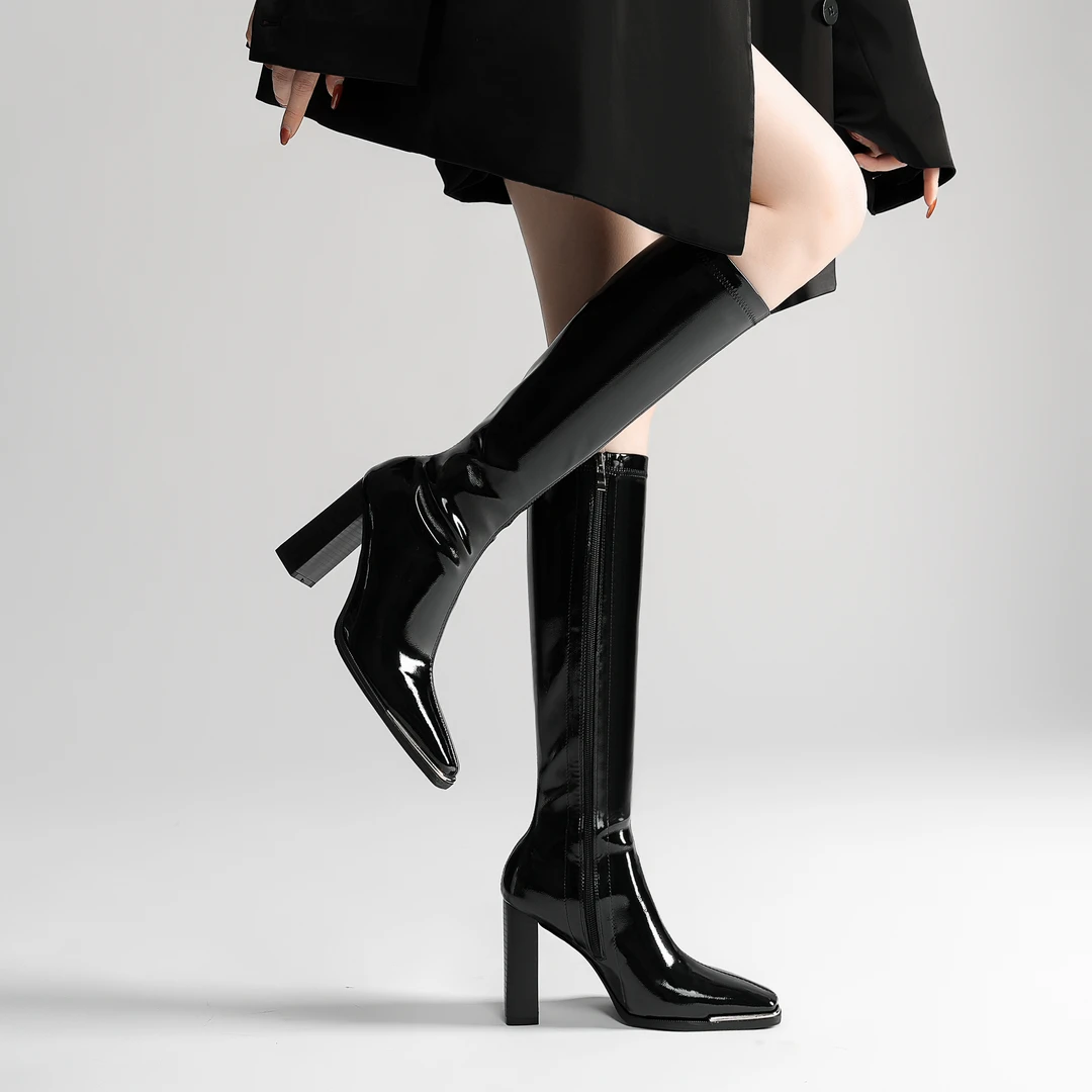 网红肯豆长靴女2025秋冬新品方头时尚粗跟百搭气质亮面高筒瘦瘦靴