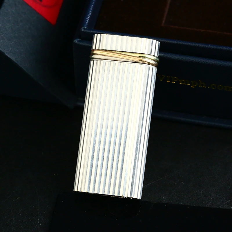 充气打火机镀银竖条纹三色金短款圆柱男士个性