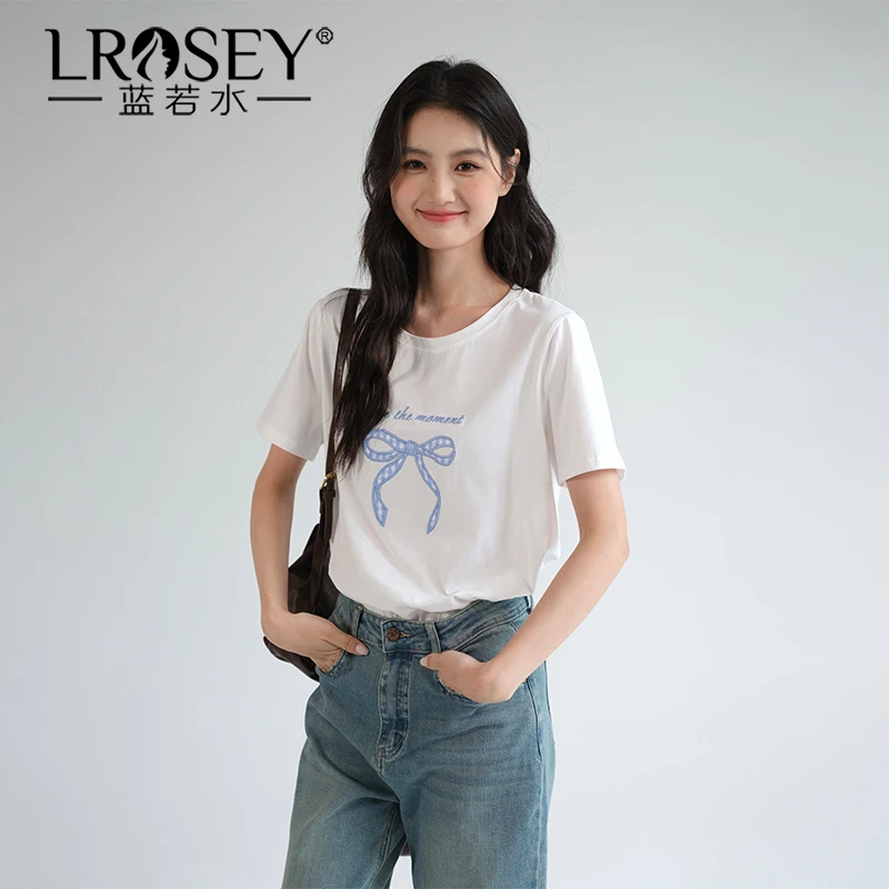 Lrosey/蓝若水大码女装甜美蝴蝶结刺绣短袖T恤正肩宽松上衣86158