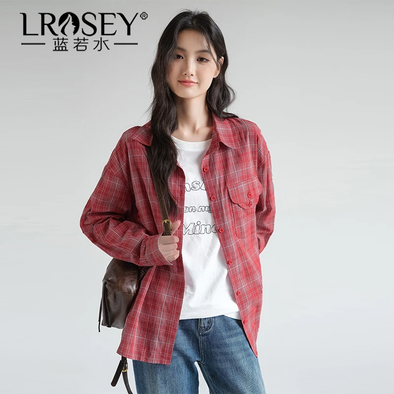 Lrosey/蓝若水大码女装复古宽松翻领格子衬衫百搭长袖上衣86357