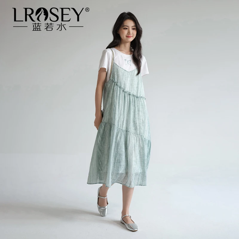 Lrosey/蓝若水大码女装夏季新款减龄法式吊带连衣裙8205