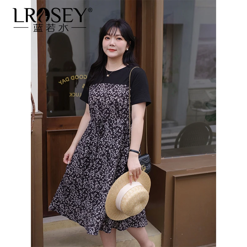Lrosey/蓝若水大码淑女假两件碎花裙夏新品显瘦雪纺连衣裙女8023