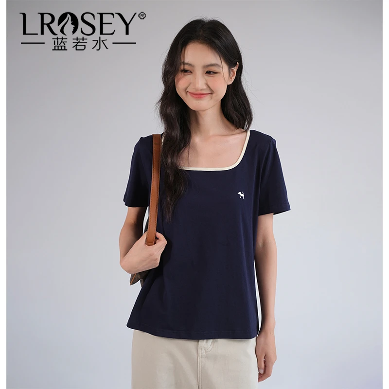 Lrosey/蓝若水大码女装简约大方领正肩T恤夏季显瘦气质上衣86038