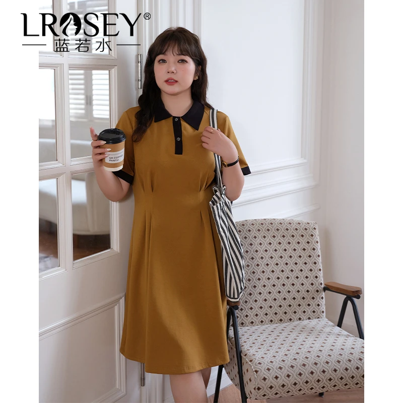 Lrosey/蓝若水大码女装撞色Polo领连衣裙别致收腰显瘦中长裙0127