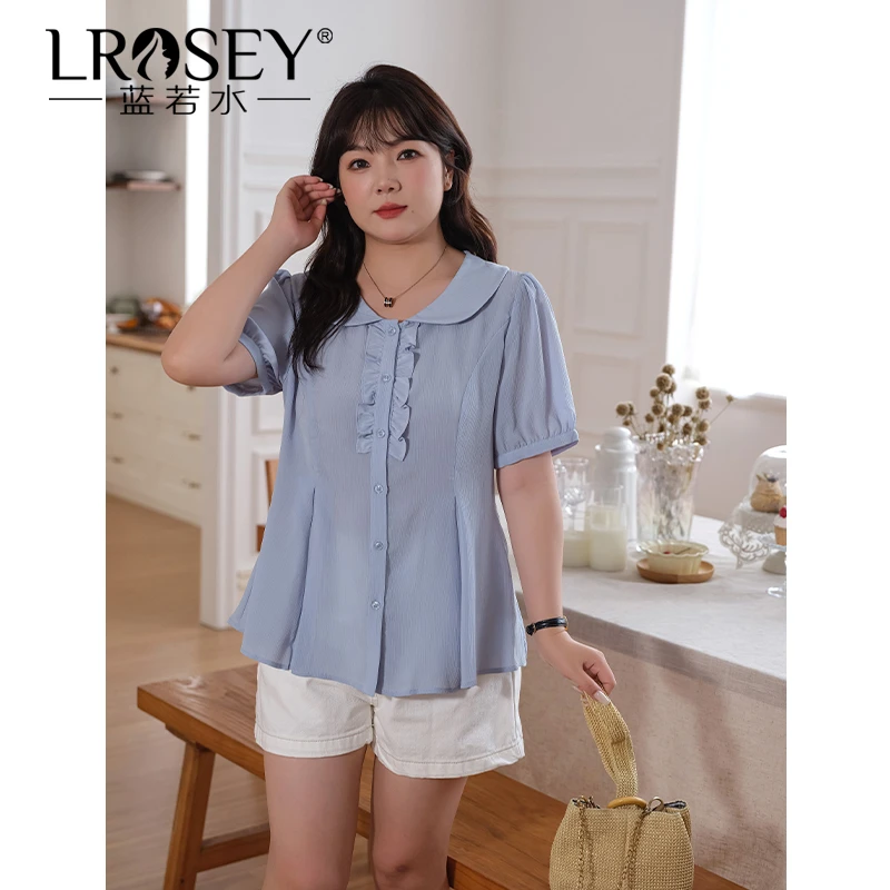 Lrosey/蓝若水大码女装气质翻领雪纺衫显瘦减龄褶皱收腰上衣85817