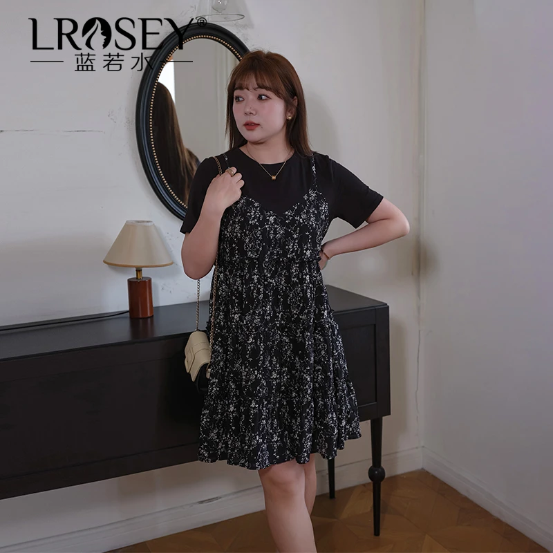 Lrosey/蓝若水大码夏季假两件吊带碎花裙显瘦温柔a字连衣裙0191