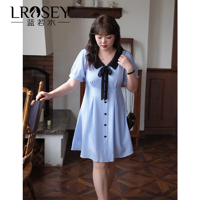 Lrosey/蓝若水大码肌理感格纹娃娃领连衣裙女夏季收腰复古裙0121