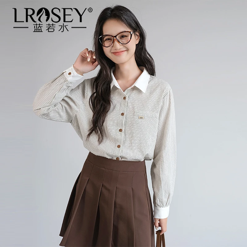 Lrosey/蓝若水大码女装法式条纹翻领衬衫遮肚子通勤长袖上衣86367