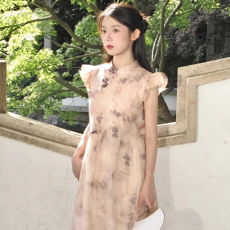 南西 新中式干枯玫瑰植物染禅意连衣裙2023夏季新款小飞袖中长裙