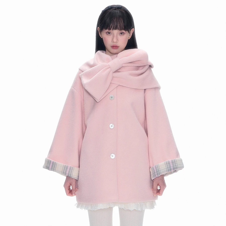 Romance Nanci南西 两穿粉色围巾大衣茧型毛呢外套