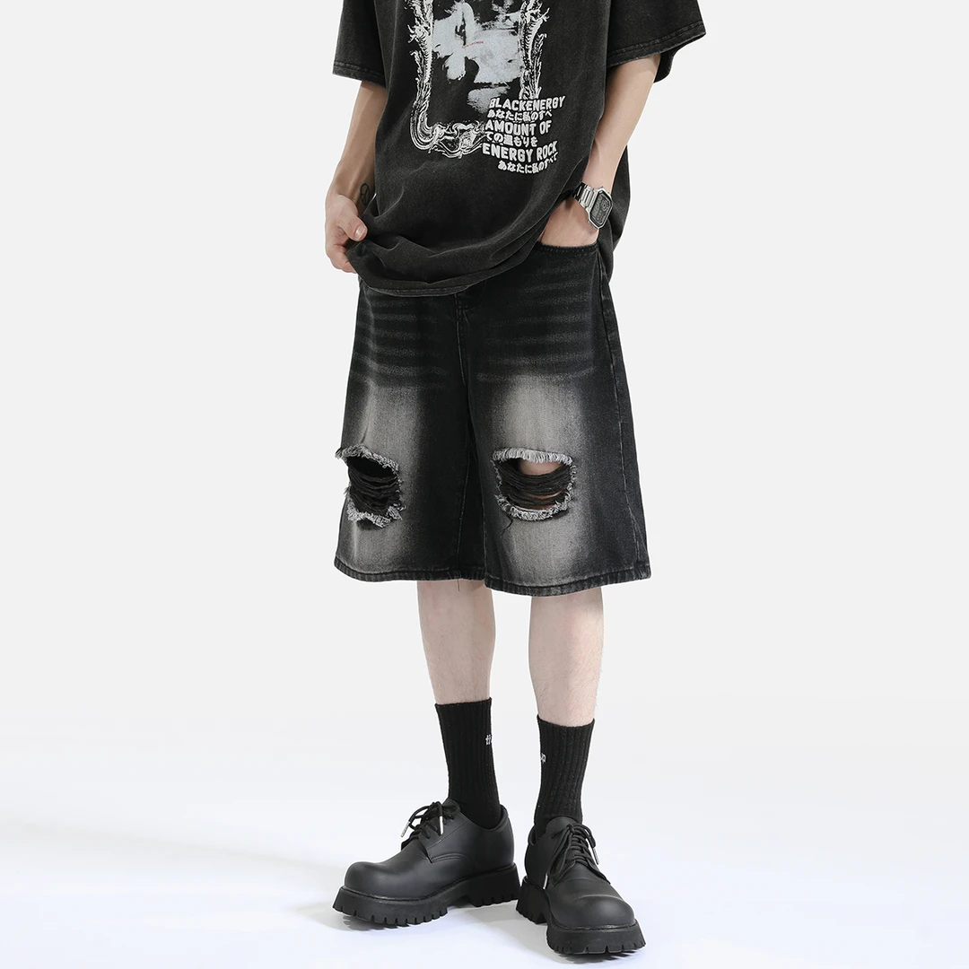 男牛仔裤子宽松直筒五分裤子男士男士潮流牛仔裤潮流牛仔裤五角星