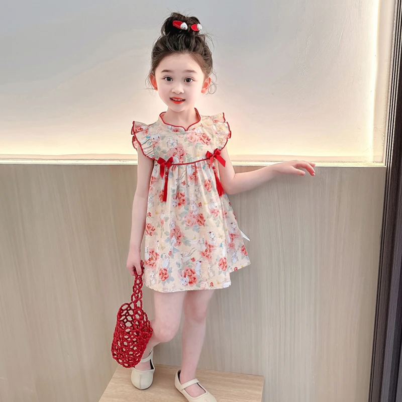 女童旗袍夏季儿童碎花公主裙连衣裙女宝宝复古裙子薄款民族风夏装