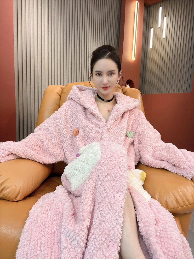 2023新款女睡衣加绒加厚甜美毛绒连帽粉色长袍保暖套装外穿冬季