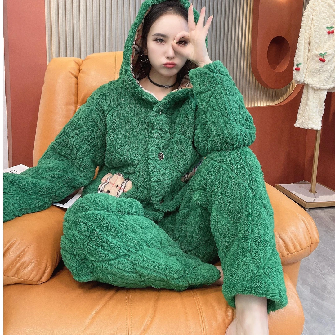 2023新款女睡衣加绒加厚甜美百搭家居服冬季保暖外套女士时尚套装