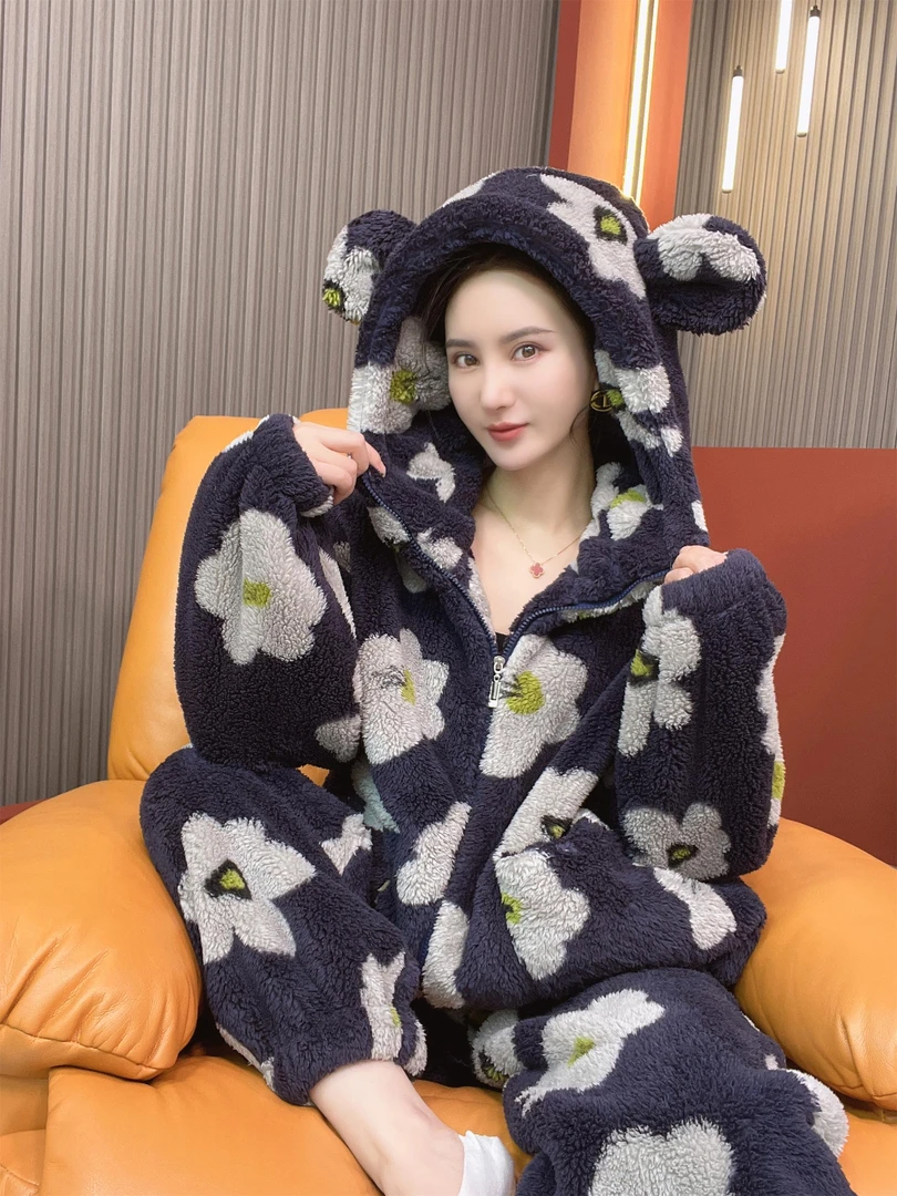 冬季新款睡衣加绒加厚连帽藏蓝色花瓣百搭家居服时尚套装