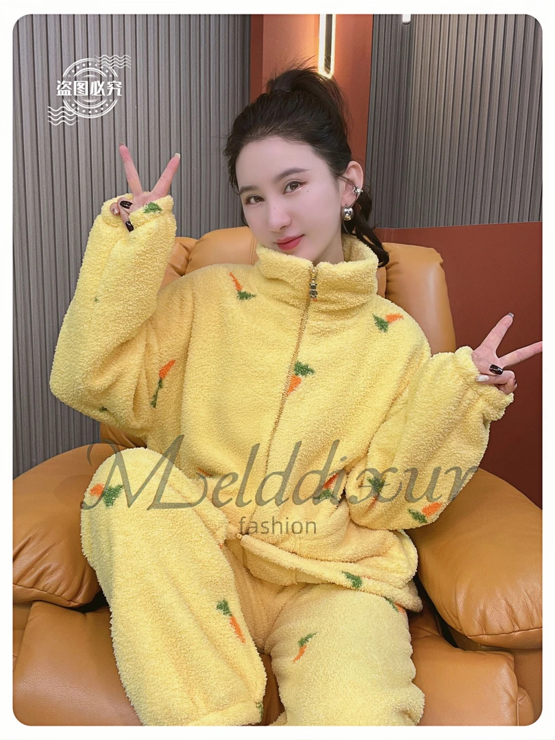 秋冬季新款时尚保暖女士加绒加厚家居服套装胡萝卜气质宽松睡衣