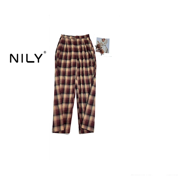NILY休闲格子裤百褶显瘦高腰时尚百搭夏季宽松秋冬格纹