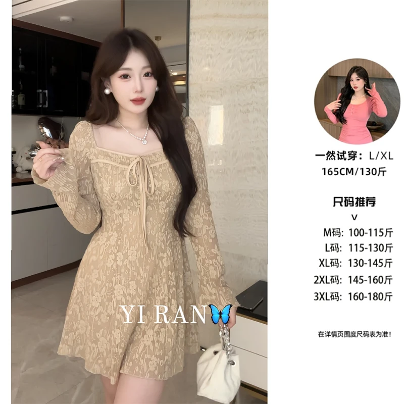 【现货】微胖复古法式性感蕾丝收腰显瘦喇叭袖连衣裙9968