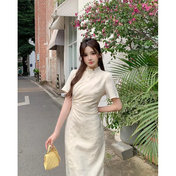 【现货】夏季新中式提花斜襟国风修身开衩气质显瘦清冷感连衣裙9024