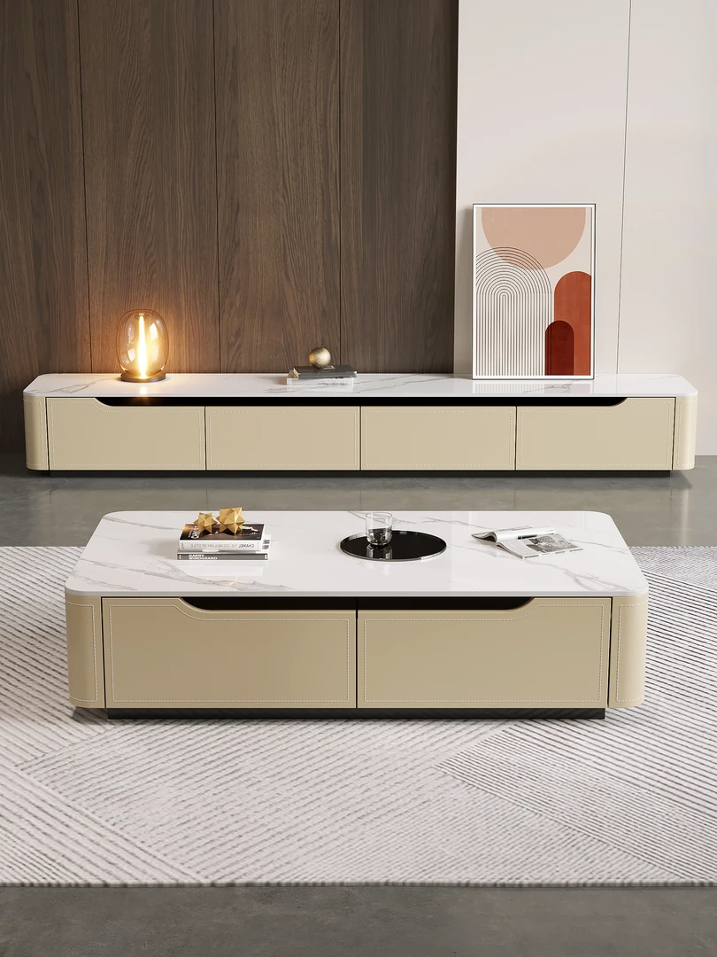 北欧轻奢岩板茶几客厅家用现代简约小户型创意茶几马鞍皮方形